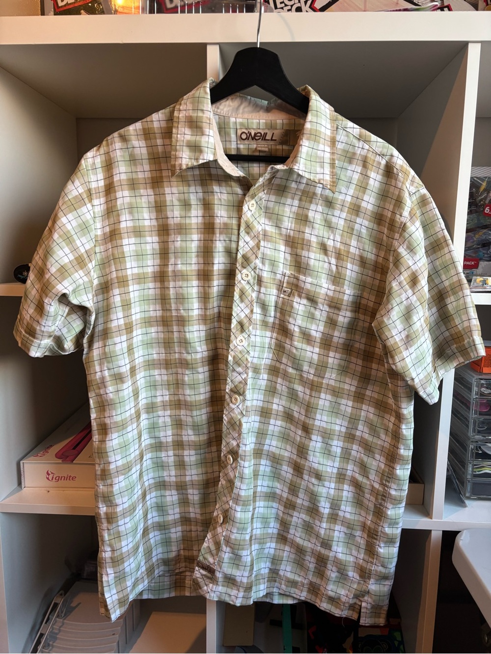 Y2k O'Neill Men's Short-Sleeve Plaid Button-Up Shirt - Light Green/Beige